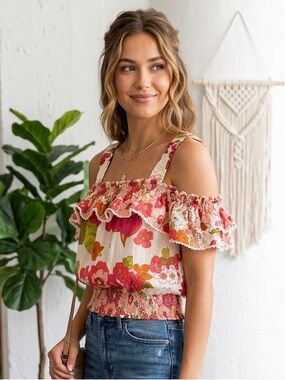 Pink Floral Off-Shoulder Smocked Blouse